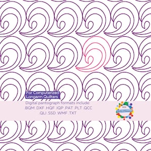 May include: A digital quilting pattern featuring a repeating swirl design in purple on a white background. The image includes text that reads "For Computerized Longarm Quilters" and lists various digital pantograph formats.