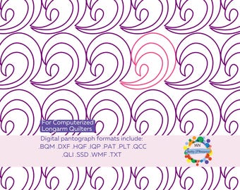 May include: A digital quilting pattern featuring a repeating swirl design in purple on a white background. The image includes text that reads "For Computerized Longarm Quilters" and lists various digital pantograph formats.