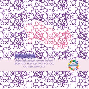Könnte beinhalten: Digitales Quiltmuster mit einem floralen Design in Lila und Rosa auf weißem Hintergrund. Das Bild enthält den Text "For Computerized Longarm Quilters" und listet digitale Pantographenformate auf.