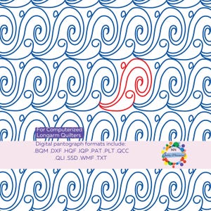 May include: A digital quilting pattern featuring a repeating blue wave design with a red accent. The image includes the text "For Computerized Longarm Quilters" and lists digital pantograph formats.