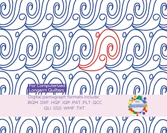 May include: A digital quilting pattern featuring a repeating blue wave design with a red accent. The image includes the text "For Computerized Longarm Quilters" and lists digital pantograph formats.