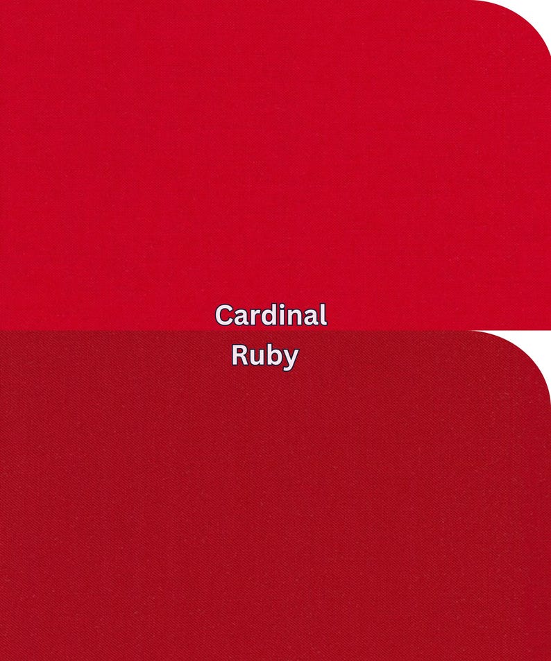 May include: Two red fabric swatches, one cardinal red and the other ruby red. The text "Cardinal" and "Ruby" are displayed in white font, indicating the colour names. The fabric appears to have a subtle texture.