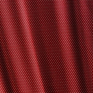 May include: Red fabric with a white polka dot pattern. The fabric is folded and has a slight sheen.