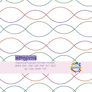 May include: A digital quilting pattern featuring a repeating wave design in green, orange, purple, and blue on a white background. Text at the bottom reads "For Computerized Longarm Quilters". Additional text lists digital pantograph formats.