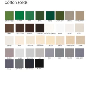 May include: A colour chart of Kona cotton solids. The chart displays a variety of colours, including shades of green, brown, white, beige, grey, and black. The text "KONA cotton solids" is at the top of the image.