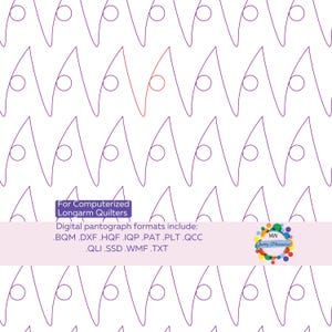 May include: Digital pantograph pattern for computerized longarm quilters. The design features a repeating pattern of purple shapes with circles on a white background. The image includes a list of digital pantograph formats and a colourful logo.