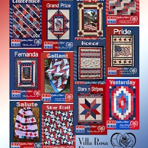 May include: A collection of 12 quilt patterns featuring red, white, and blue designs. The patterns are titled "Celebration", "Grand Prize", "Daring Spirit", "Farmhouse Blues", "Pride", "Honor", "Fernanda", "Gallant", "Salute", "Star Rail", "Stars n Stripes", and "Yesterday". The patterns are part of the "Quilts of Valor" program. The image also includes the text "Villa Rosa Designs" and a barcode.