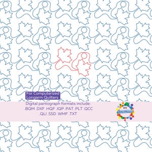May include: A digital quilting pantograph pattern with a repeating design of blue maple leaves on a white background. A red maple leaf design is also included. Text at the bottom lists digital formats for computerized longarm quilters.