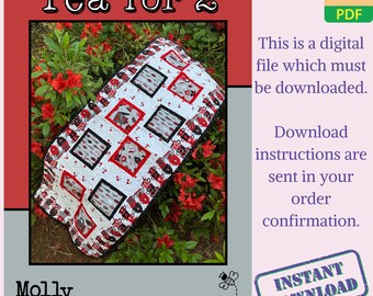 Modello per trapunta digitale "Tè per 2", runner da tavola, comò, sciarpa, arazzo da parete, topper trapuntato per comò, progetto patchwork, PDF per principianti