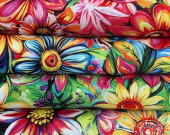 108 Wide Quilting Cotton Fabric Yardage Turquoise Background Floral Print Groovy Garden Quilt Backing Large Flower Sunflower Wildflower