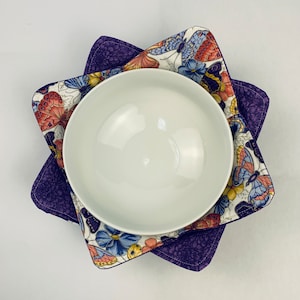 Purple Bowl Cozy Microwave Bowl Holder Quilted Soup Cozy Reversible Soup Bowl Koozies Pot Holder Cotton Fabric Bowl Hugger Butterfly Fabric