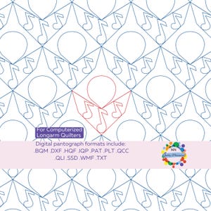 Könnte beinhalten: Ein digitales Quiltmuster mit einem sich wiederholenden Design aus Noten und Kreisen in einem Raster. Der Text "For Computerized Longarm Quilters" und eine Liste digitaler Formate sind enthalten.