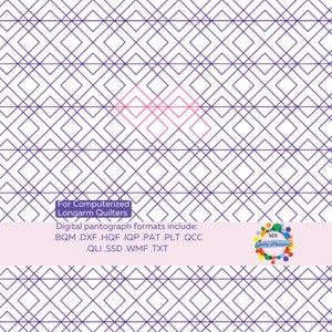 May include: Digital quilting pattern with a repeating geometric design of intersecting purple lines on a white background. The text "For Computerized Longarm Quilters" is at the bottom, along with a list of digital formats.
