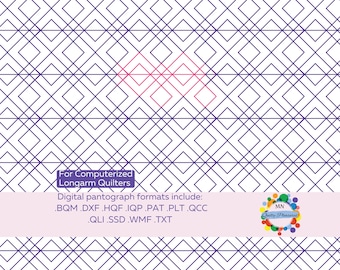 May include: Digital quilting pattern with a repeating geometric design of intersecting purple lines on a white background. The text "For Computerized Longarm Quilters" is at the bottom, along with a list of digital formats.