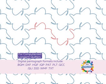May include: Digital quilting pattern with a repeating blue and red abstract design on a white background. The image includes the text "For Computerized Longarm Quilters" and a list of digital pantograph formats.