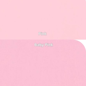 Kona Cotton Solids by Robert Kaufman  Pink, Baby Pink. Each color is labeled with its name, providing a visual guide to pink color tones.