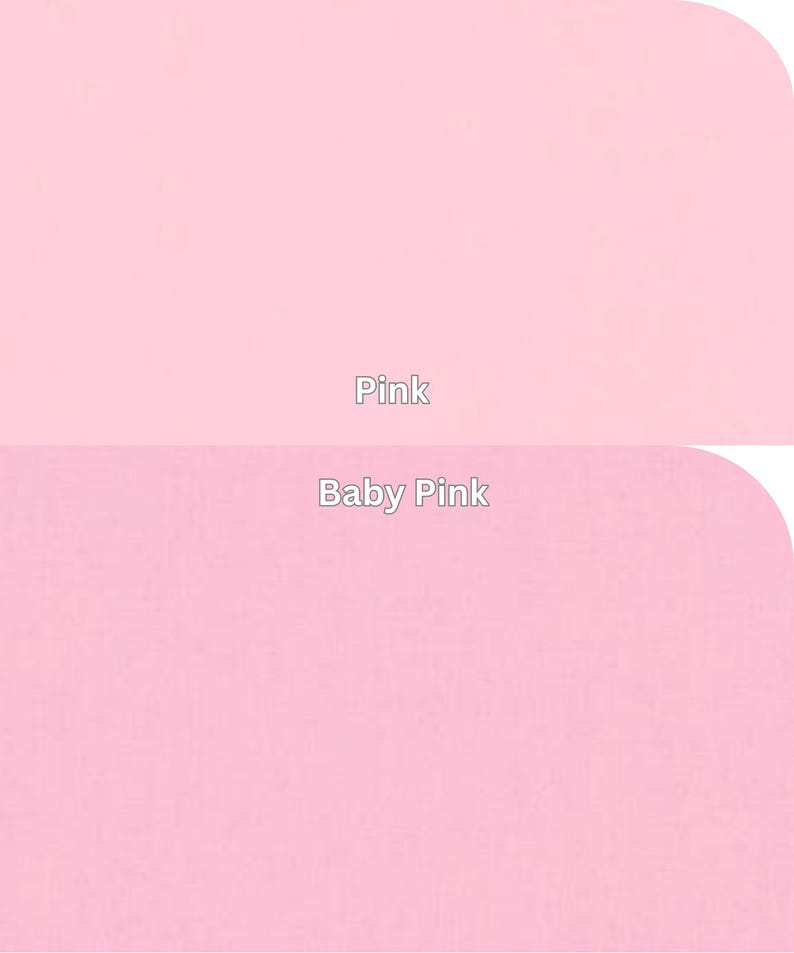 Kona Cotton Solids by Robert Kaufman  Pink, Baby Pink. Each color is labeled with its name, providing a visual guide to pink color tones.