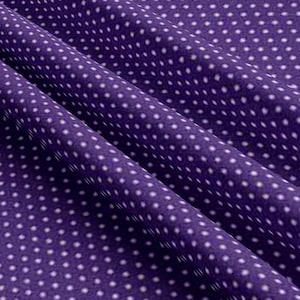 May include: Purple fabric with a white polka dot pattern. The fabric is folded in half, showing the pattern on both sides.