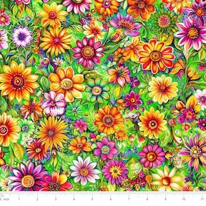 Lime Green Background Bright Flower MultiColor Combed Cotton Digital Print Floral Quilting Fabric by the Half Yard Daisy Sunflower Summer 8
