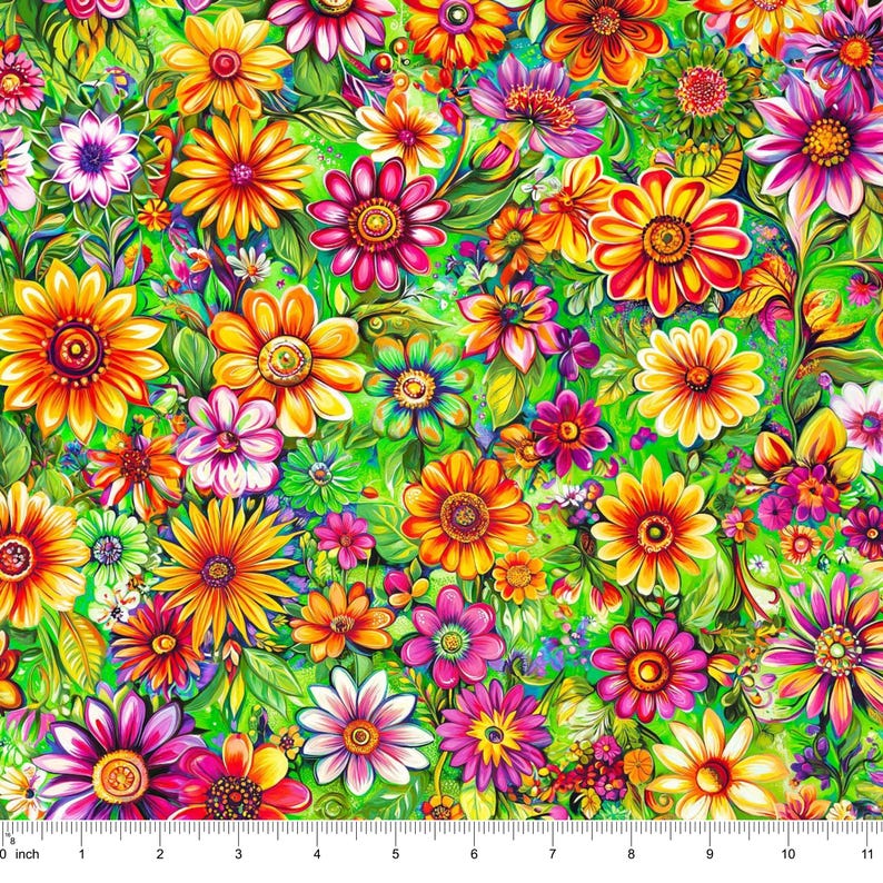 Lime Green Background Bright Flower MultiColor Combed Cotton Digital Print Floral Quilting Fabric by the Half Yard Daisy Sunflower Summer 8
