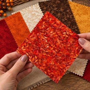 May include: A square fabric swatch featuring a vibrant red and orange autumn leaf pattern held in front of several other fabric swatches in shades of cream, dark brown, gold, and deep red, all displaying various seasonal fall-themed prints.