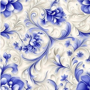 May include: Fabric with a floral design in shades of blue and white. The fabric features large, stylized flowers and swirling patterns. The text "MN QUILTY PLEASURES" and "QUILT SHOP QUALITY FABRIC" are at the top. The text "BIRTHDAY CAKE - ROYAL PURPLE" and "45" WIDTH COTTON" are at the bottom.