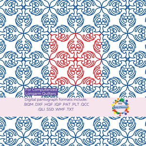 May include: Digital quilting pattern featuring a repeating floral design in blue and red on a white background. The text "For Computerized Longarm Quilters" and a list of digital formats are included.