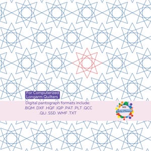 May include: A digital quilting pattern featuring a repeating geometric design of interconnected star shapes in blue, with one red star. The text "For Computerized Longarm Quilters" and file formats are included.