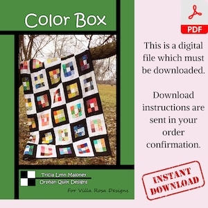 Puede incluir: Un patrón de descarga digital para una colcha llamada "Color Box" de Tricia Lynn Maloney para Villa Rosa Designs. La colcha está hecha de cuadrados coloridos en una cuadrícula en blanco y negro.