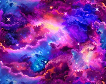 May include: A vibrant, colorful image of a nebula with swirling clouds of purple, blue, orange, and pink. The image is filled with sparkling stars, creating a cosmic and ethereal scene. The overall theme is space and celestial bodies.