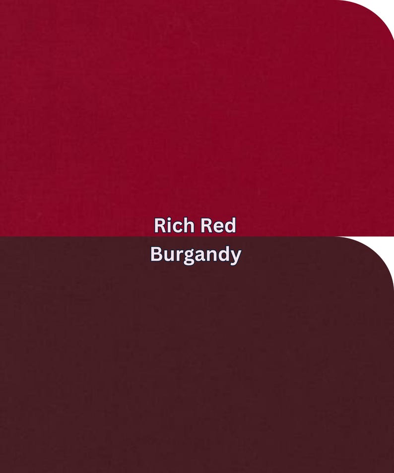 May include: A colour palette showing two solid colour swatches. The top swatch is a rich red, and the bottom swatch is burgundy. The text "Rich Red" and "Burgandy" are displayed in white font.
