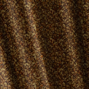May include: A fabric featuring a dense, mottled pattern in shades of dark brown, tan, and black. The design consists of irregular, interconnected shapes that create a textured, organic appearance across the surface of the material.