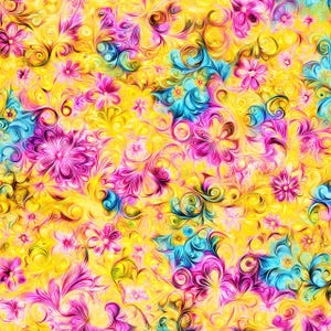 May include: A vibrant, abstract floral pattern in shades of yellow, pink, blue, and green. The design features swirling lines and stylized flowers, creating a dynamic and colorful composition. The overall effect is bright and energetic.