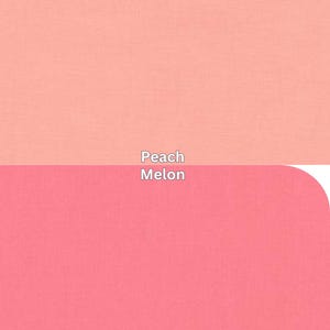 Kona Cotton Solids by Robert Kaufman Peach Melon. Each color is labeled with its name, providing a visual guide to pink color tones.