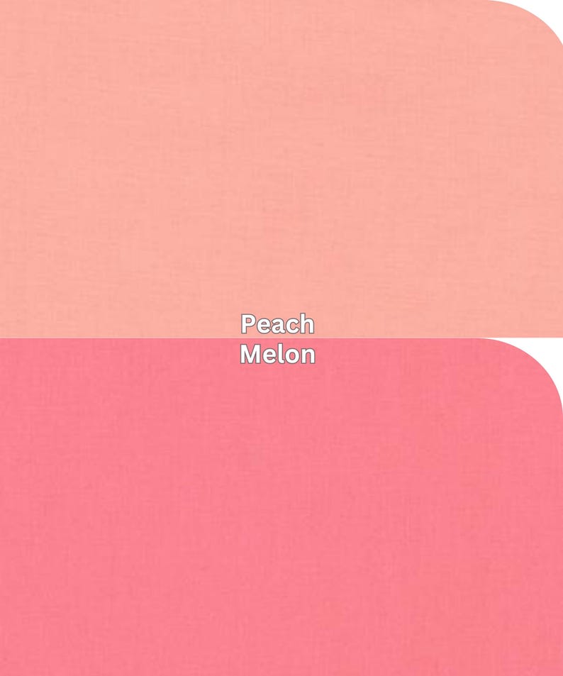 Kona Cotton Solids by Robert Kaufman Peach Melon. Each color is labeled with its name, providing a visual guide to pink color tones.