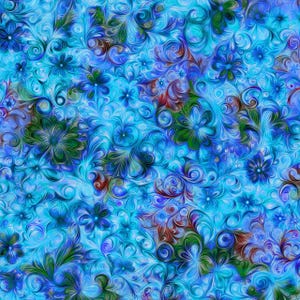 May include: A vibrant, abstract floral pattern in shades of blue, green, and brown. The design features swirling lines and stylized flowers, creating a dynamic and textured appearance. The color palette ranges from light turquoise to deep indigo, with accents of green and brown.