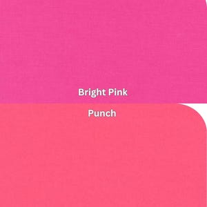 Kona Cotton Solids by Robert Kaufman Bright Pink, Punch. Each color is labeled with its name, providing a visual guide to pink color tones.