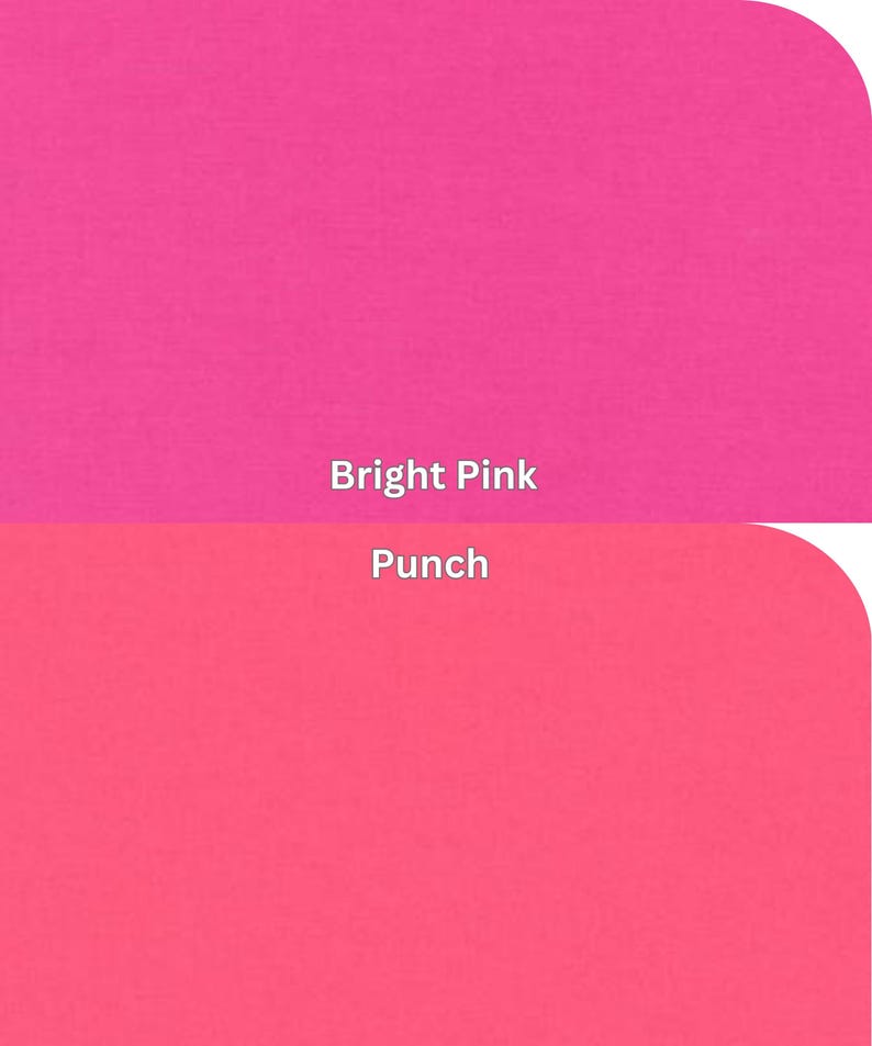 Kona Cotton Solids by Robert Kaufman Bright Pink, Punch. Each color is labeled with its name, providing a visual guide to pink color tones.