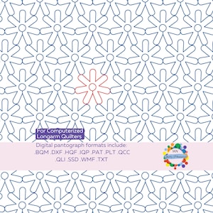 May include: A digital quilting pattern featuring a repeating blue floral design on a white background. One flower is highlighted in red. Text at the bottom lists digital pantograph formats for computerized longarm quilters.