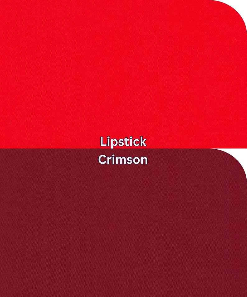 May include: An image divided into two sections, displaying shades of red. The upper part is a vivid, bright red, and the lower is a deep crimson. The text in the middle reads "Lipstick Crimson".