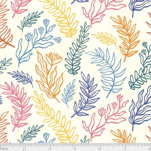 May include: A seamless pattern featuring colorful, stylized leaves on a cream background. The leaves are drawn in various shades of blue, green, orange, pink, and yellow.
