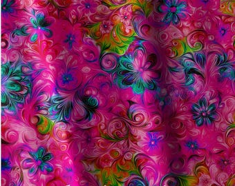Op de afbeelding: Een levendige stof met een herhalend patroon van wervelende bloemmotieven in tinten felroze, magenta, talingblauw en limoengroen. Het ontwerp bevat ingewikkelde, vloeiende lijnen en gestileerde bloesems. De tekst Flamingo Fizz is in het wit gedrukt.