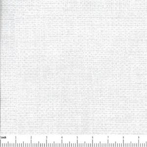 May include: A white fabric featuring a subtle, repeating grid pattern of small, light gray horizontal and vertical dashes. A black and white ruler is visible at the bottom, showing a scale of 9 inches across the width of the textile material.