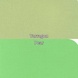 Pu&ograve; includere: Immagine divisa in due parti con blocchi di colore pieno. La sezione superiore &egrave; verde chiaro, etichettata "Tarragon". La sezione inferiore &egrave; verde vibrante, etichettata "Pear". I colori sono visualizzati su uno sfondo strutturato.