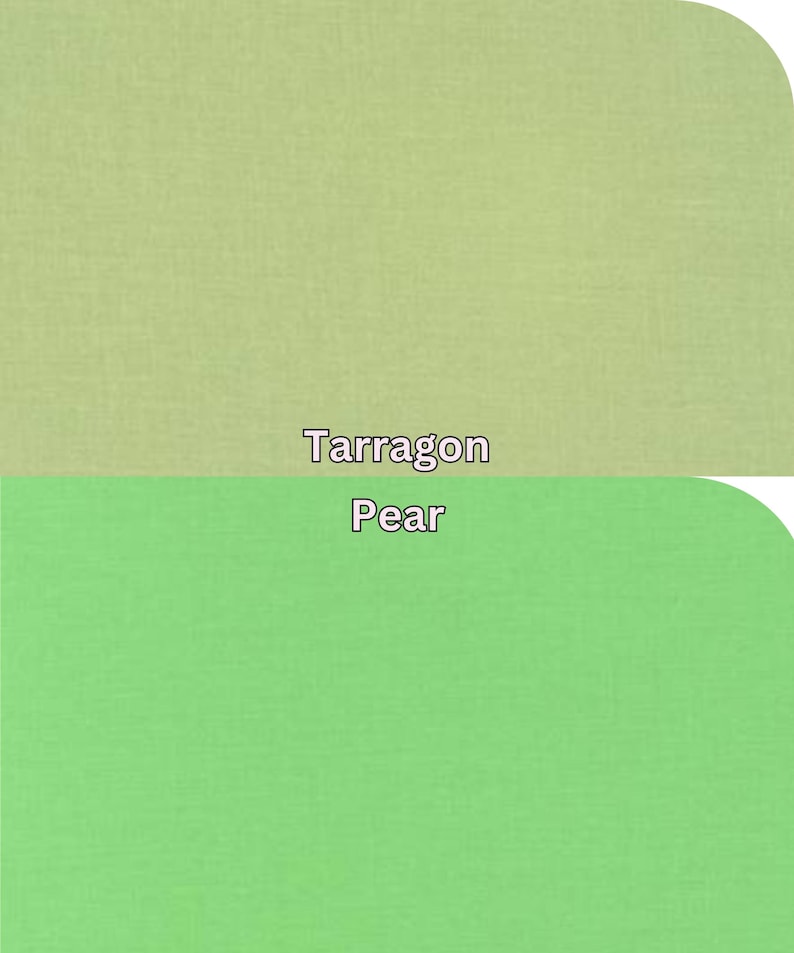 Pu&ograve; includere: Immagine divisa in due parti con blocchi di colore pieno. La sezione superiore &egrave; verde chiaro, etichettata "Tarragon". La sezione inferiore &egrave; verde vibrante, etichettata "Pear". I colori sono visualizzati su uno sfondo strutturato.