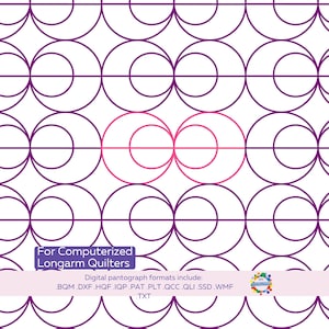 Puede incluir: Patrón de pantógrafo digital para acolchadoras de brazo largo computarizadas. El diseño presenta un patrón repetitivo de círculos entrelazados en morado y rosa sobre un fondo blanco. Se incluye el texto "For Computerized Longarm Quilters".