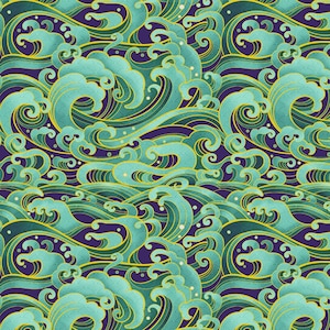 Green Navy Gold Metallic Wave Fabric by Half Yard Navy Background Mint Teal Sage Hunter Green Beach Theme Cotton Quilting Fabric Ocean Wave