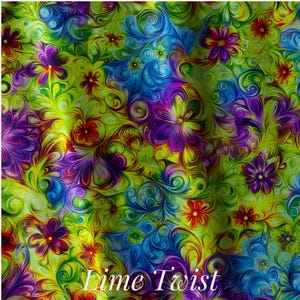 May include: A fabric pattern featuring a vibrant, swirling design of lime green, deep blue, and purple hues. The print displays numerous stylized flowers in shades of red, purple, and yellow, integrated into a dense, flowing, and intricate botanical motif with the text Lime Twist printed in white at the bottom.