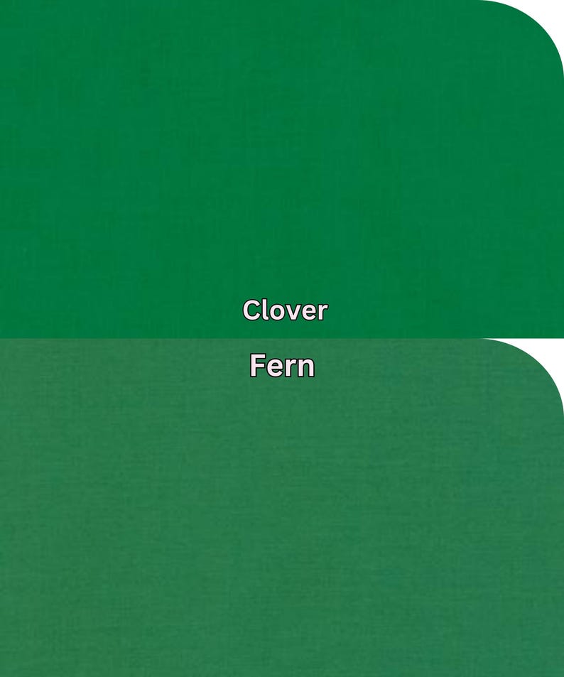 Pu&ograve; includere: Due sezioni rettangolari di colori verdi pieni, una tonalit&agrave; pi&ugrave; brillante etichettata "Clover" e l'altra una tonalit&agrave; pi&ugrave; scura etichettata "Fern". L'immagine &egrave; una tabella colori o un campione di due diverse tonalit&agrave; di verde.