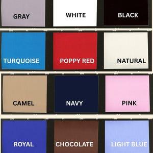 May include: A fabric swatch display featuring various colors including gray, white, black, turquoise, poppy red, natural, camel, navy, pink, royal, chocolate, and light blue. The text reads "MN Quilty Pleasures" and "Cozy Back Preshrunk Flannel".